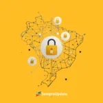Ilustração de blockchain protegendo dados do CPF e serviços públicos no Brasil.