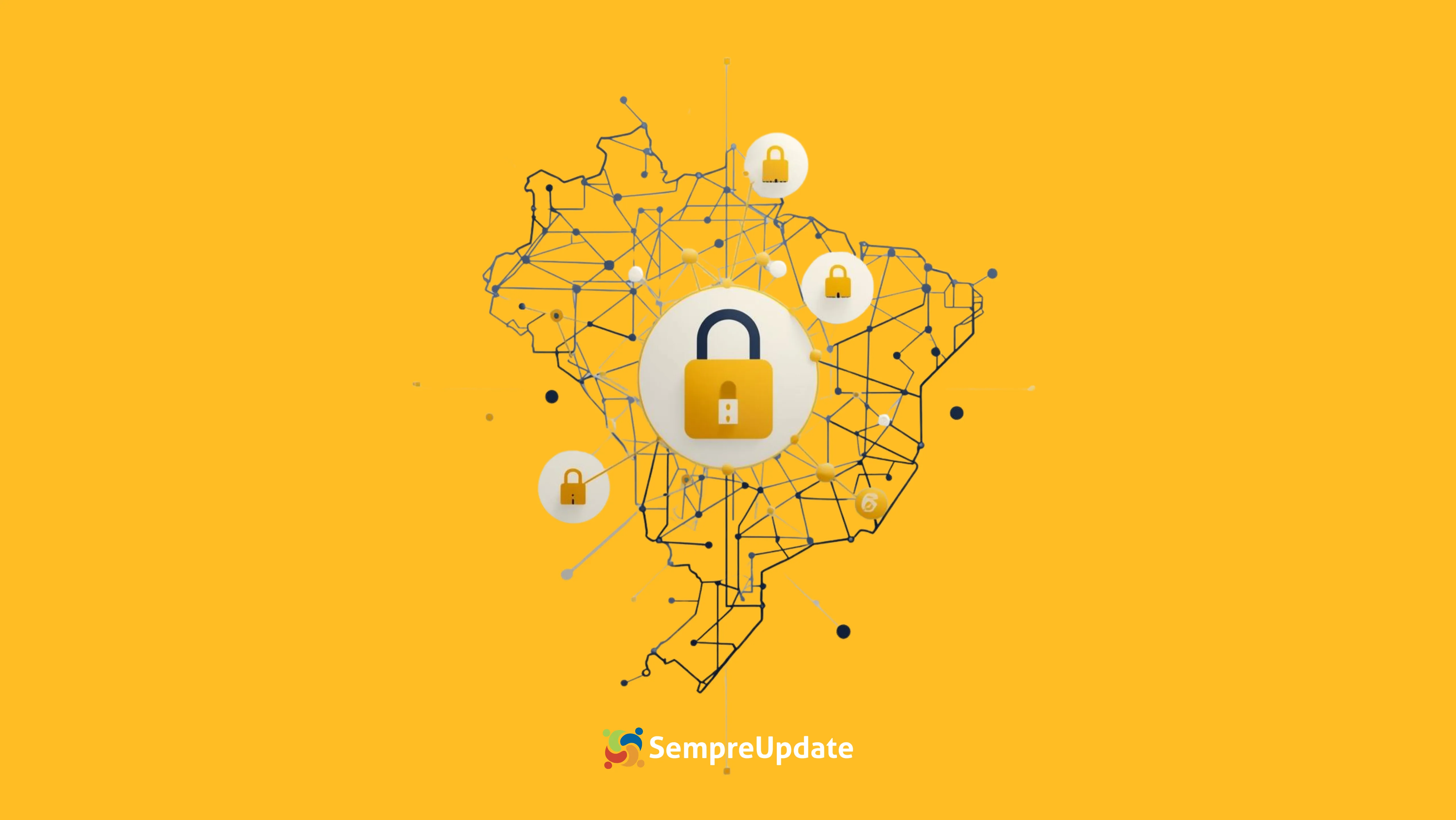 Ilustração de blockchain protegendo dados do CPF e serviços públicos no Brasil.