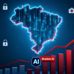 Ilustração de ciberataques Brasil novembro 2025 com mapa do país, setor de saúde em destaque e símbolos de IA e ransomware.