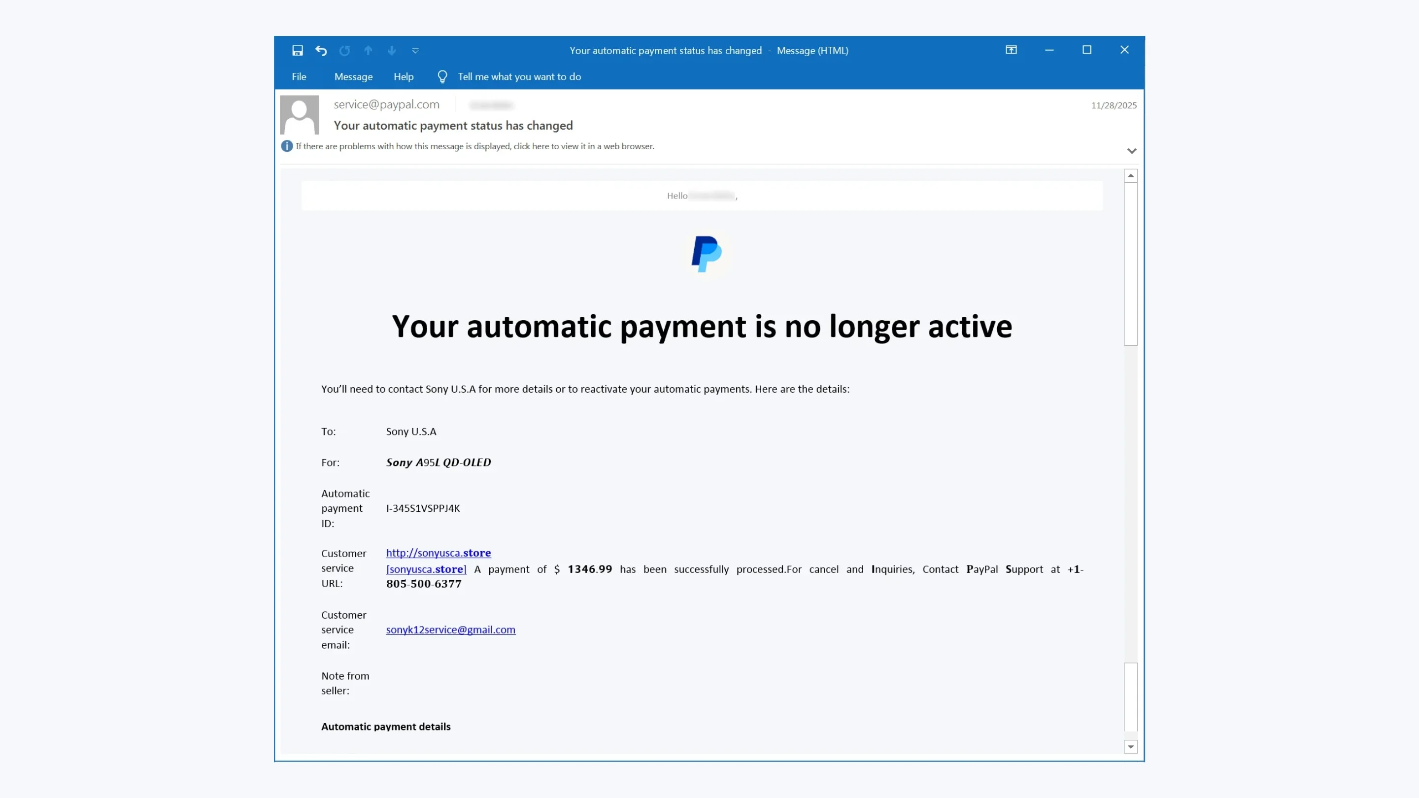 Golpe de phishing usa e-mail legítimo do PayPal; saiba como se proteger 2 E-mail de assinatura do PayPal usado em golpe.