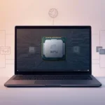 Notebook com openSUSE e ilustração de CPU, GPU e NPU destacando o driver Intel NPU no openSUSE para IA local em CPUs Core Ultra