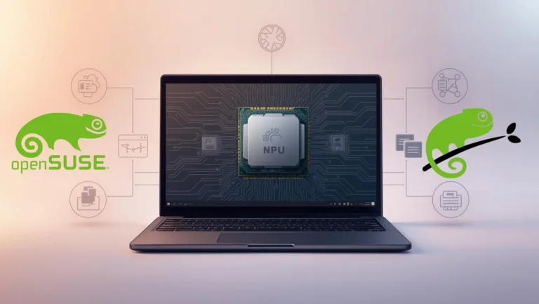 Notebook com openSUSE e ilustração de CPU, GPU e NPU destacando o driver Intel NPU no openSUSE para IA local em CPUs Core Ultra