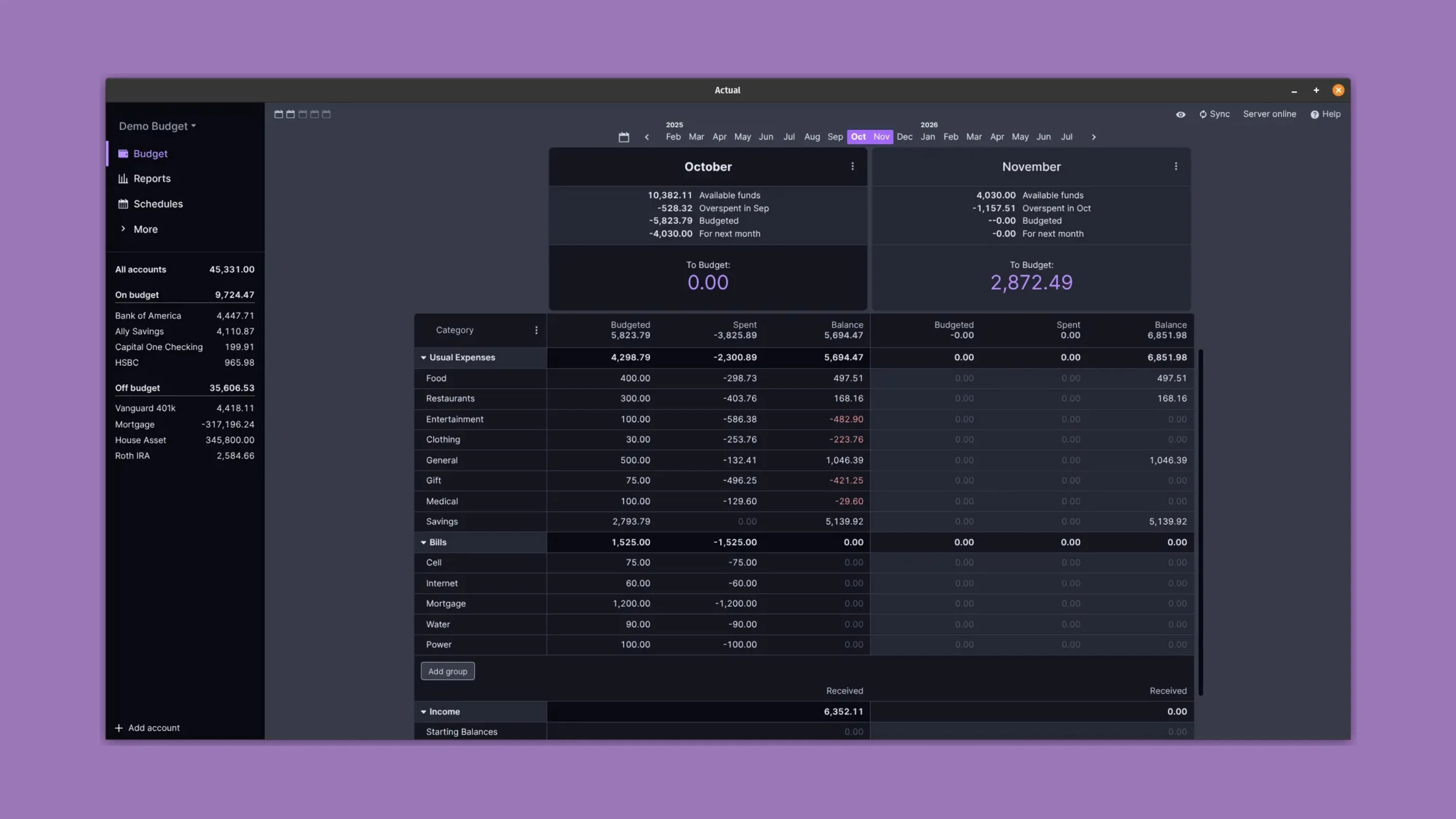 Imagem com a interface do Actual Budget