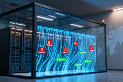 Ilustração de WAF filtrando tráfego HTTP em data center, representando a queda da Cloudflare por mitigação do React2Shell.
