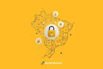 Ilustração de blockchain protegendo dados do CPF e serviços públicos no Brasil.