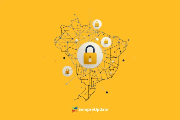 Ilustração de blockchain protegendo dados do CPF e serviços públicos no Brasil.