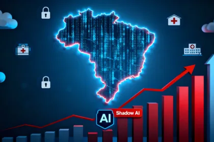 Ilustração de ciberataques Brasil novembro 2025 com mapa do país, setor de saúde em destaque e símbolos de IA e ransomware.