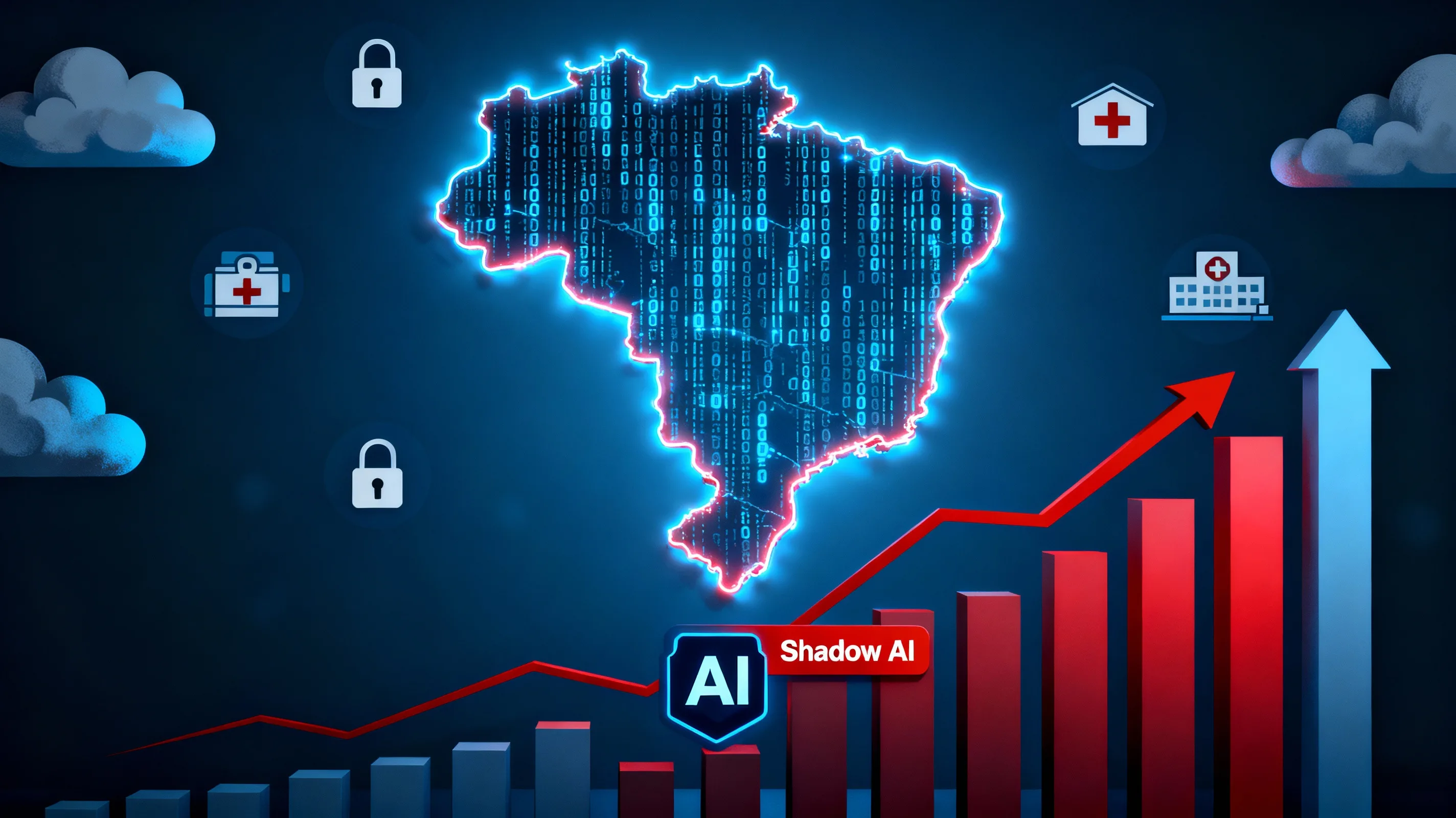 Ilustração de ciberataques Brasil novembro 2025 com mapa do país, setor de saúde em destaque e símbolos de IA e ransomware.