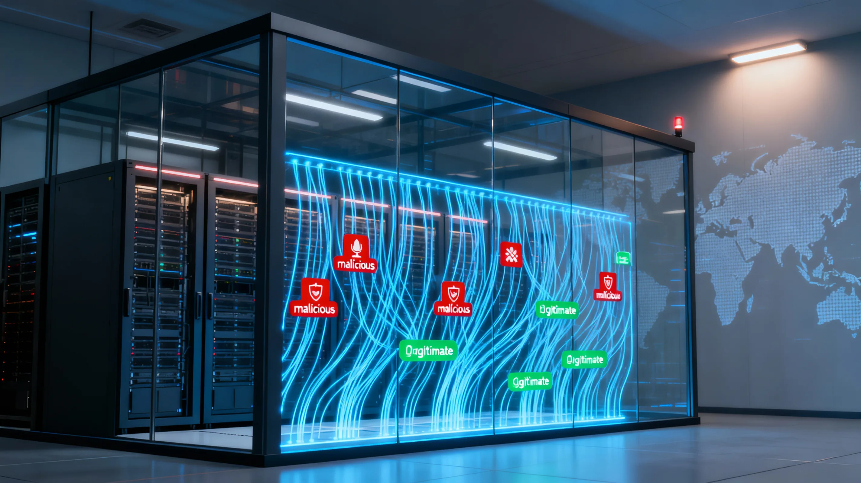 Ilustração de WAF filtrando tráfego HTTP em data center, representando a queda da Cloudflare por mitigação do React2Shell.
