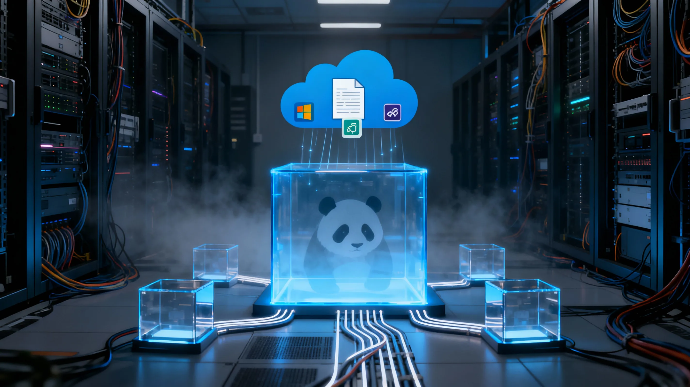 Ilustração de espionagem cibernética: silhueta furtiva na camada de virtualização VMware redireciona tráfego entre VMs e nuvem Azure, como no caso WARP PANDA.