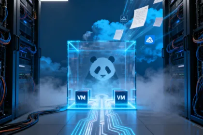 Ilustração de espionagem cibernética: silhueta furtiva na camada de virtualização VMware redireciona tráfego entre VMs e nuvem Azure, como no caso WARP PANDA.