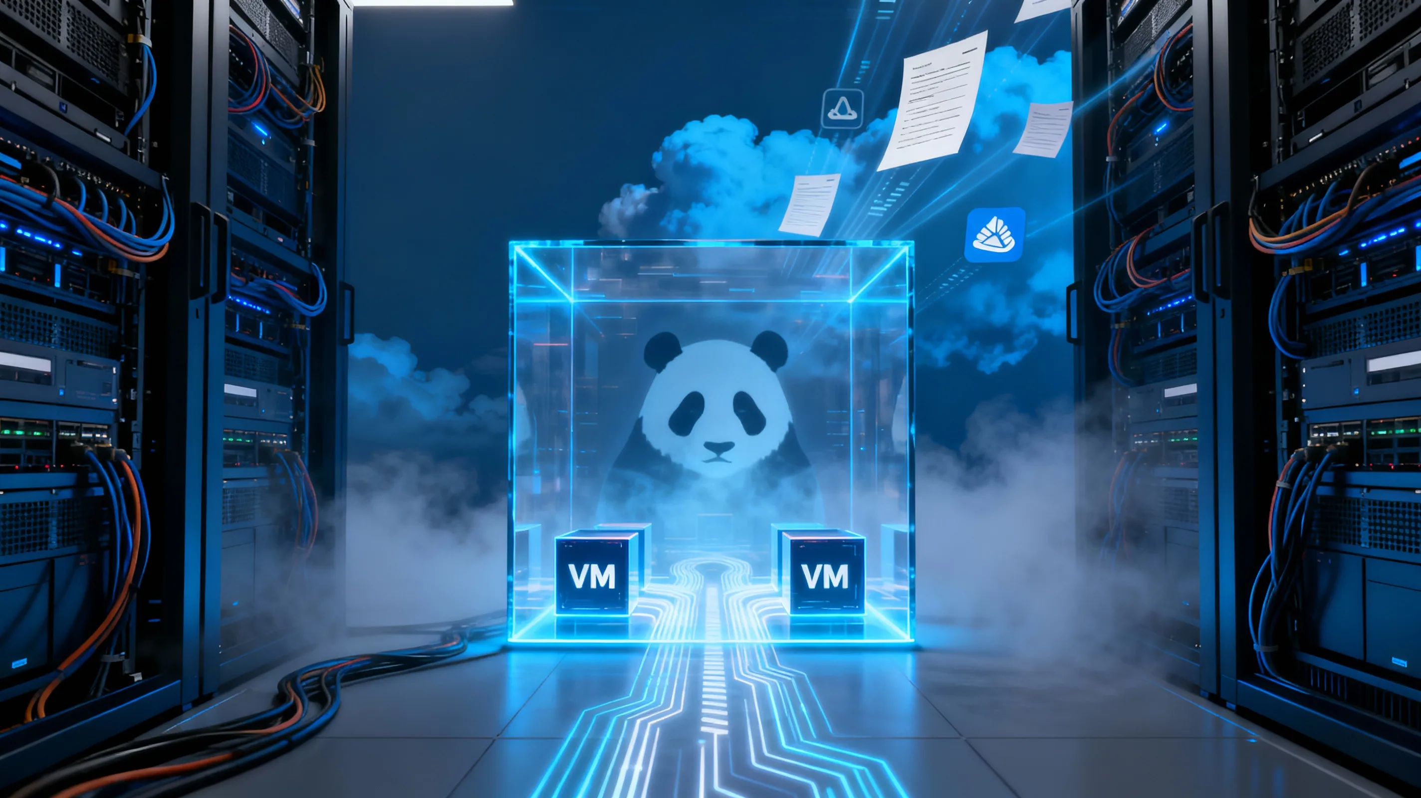 Ilustração de espionagem cibernética: silhueta furtiva na camada de virtualização VMware redireciona tráfego entre VMs e nuvem Azure, como no caso WARP PANDA.