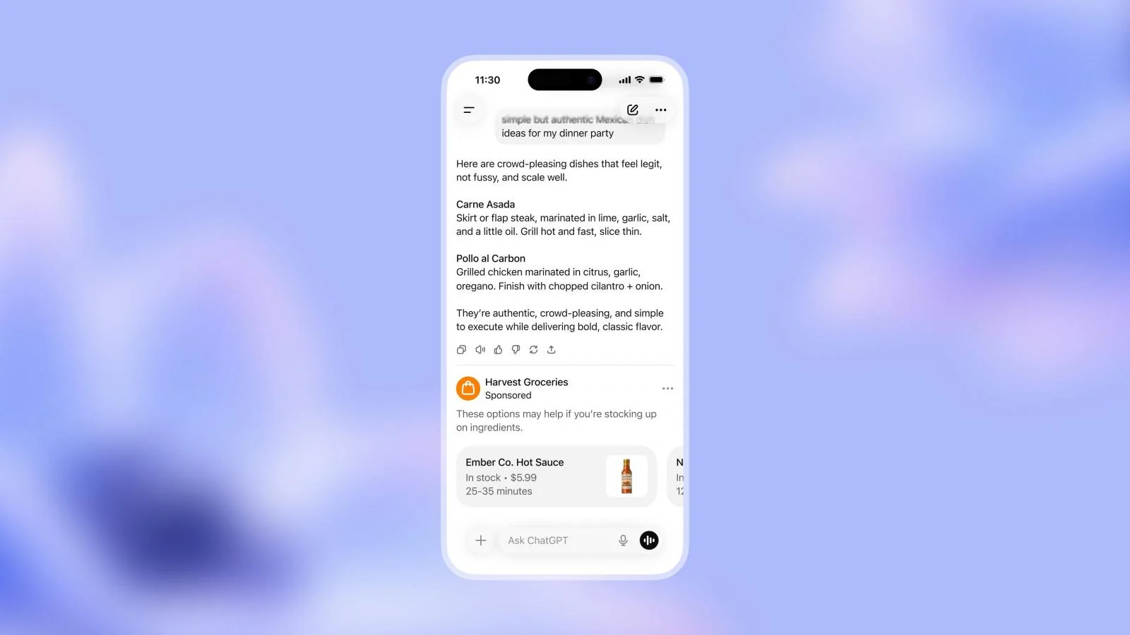 Tela do ChatGPT em um iPhone com anúncio patrocinado no final da resposta