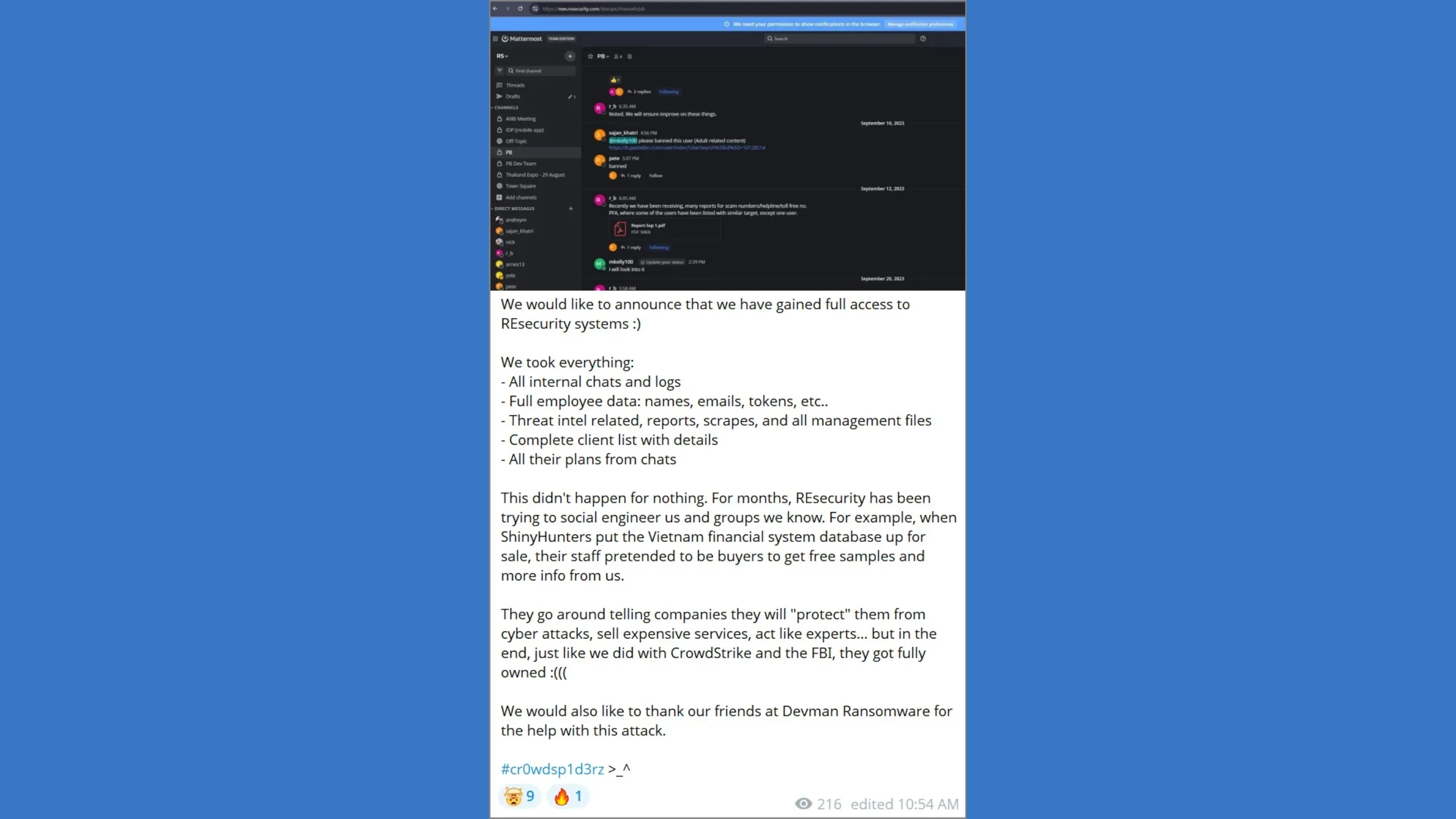 Trecho da postagem no Telegram feita pelos autores da ameaça.