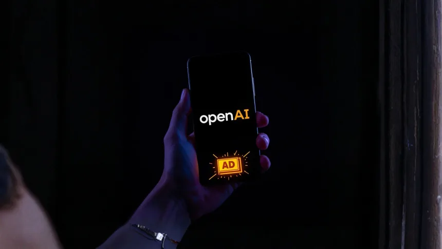 Mão segurando um smartphone em modo escuro com o logo da OpenAI e um selo “AD” em amarelo na tela