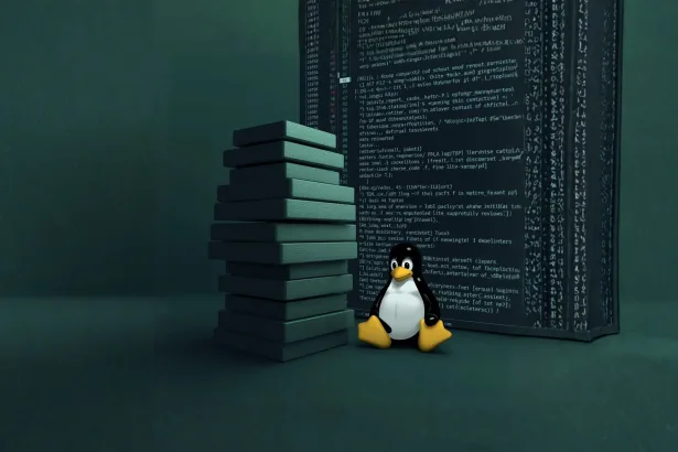 uma pilha abstrata de “código acumulado” como blocos empilhados ao lado do Tux, observando um terminal denso e cheio de logs, sugerindo trabalho represado e revisão intensa.