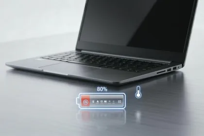 Notebook Acer com Linux mostrando controle de carga da bateria em 80% e indicador de temperatura, representando o driver acer-wmi-battery no kernel.