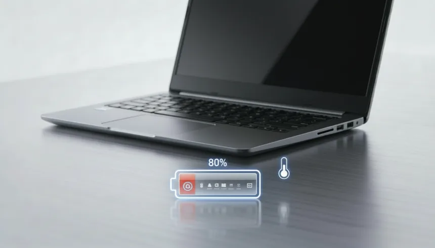 Notebook Acer com Linux mostrando controle de carga da bateria em 80% e indicador de temperatura, representando o driver acer-wmi-battery no kernel.