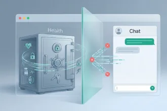 Ilustração de um ambiente “Health” isolado em silo criptografado dentro do ChatGPT, separado do chat comum por uma barreira que impede o acesso aos dados.