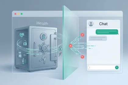 Ilustração de um ambiente “Health” isolado em silo criptografado dentro do ChatGPT, separado do chat comum por uma barreira que impede o acesso aos dados.