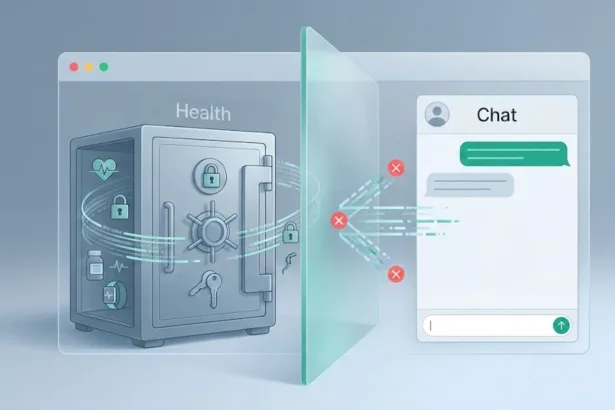 Ilustração de um ambiente “Health” isolado em silo criptografado dentro do ChatGPT, separado do chat comum por uma barreira que impede o acesso aos dados.