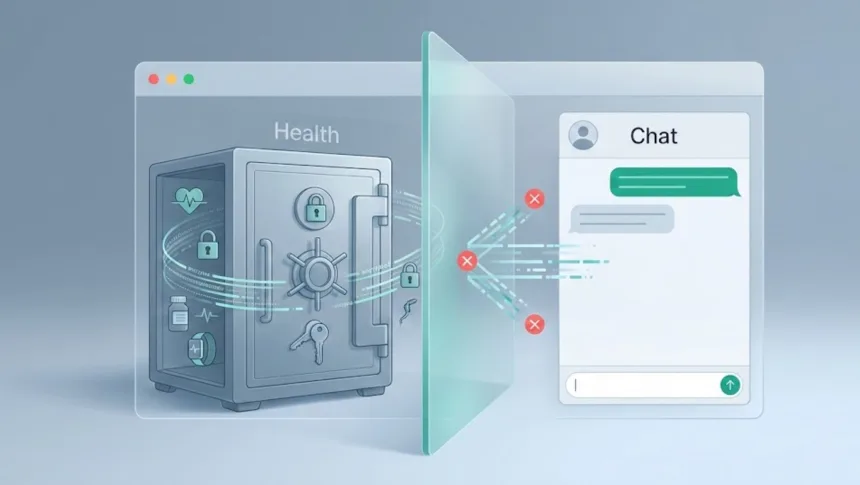 Ilustração de um ambiente “Health” isolado em silo criptografado dentro do ChatGPT, separado do chat comum por uma barreira que impede o acesso aos dados.