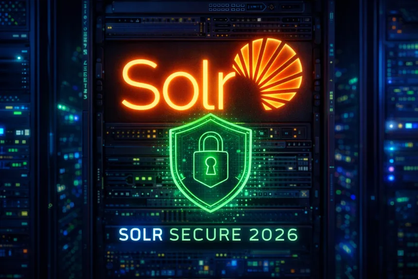Painel de servidor Apache Solr protegido por cadeado verde digital indicando configuração SSL Let's Encrypt 2026.