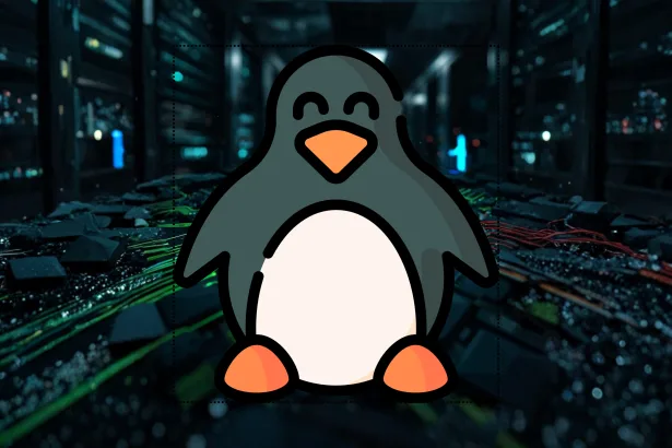 Tux (mascote do Linux) em destaque sobre um data center, simbolizando otimização de performance do kernel.