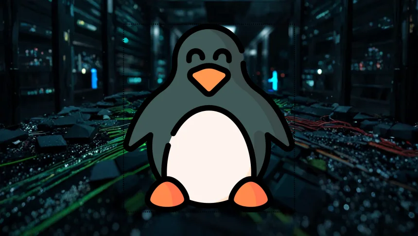 Tux (mascote do Linux) em destaque sobre um data center, simbolizando otimização de performance do kernel.