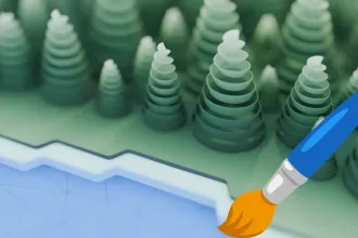 Ilustração em estilo papel recortado com árvores em camadas ao fundo, um lago em azul claro e um pincel com tinta laranja no canto direito.