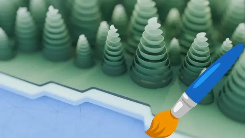 Ilustração em estilo papel recortado com árvores em camadas ao fundo, um lago em azul claro e um pincel com tinta laranja no canto direito.