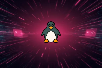 Arte abstrata de tecnologia com espaço central limpo e referências sutis a laptop e código, representando o Linux 6.19-rc4 e correções pós-feriados.