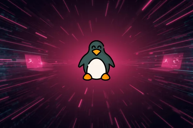 Arte abstrata de tecnologia com espaço central limpo e referências sutis a laptop e código, representando o Linux 6.19-rc4 e correções pós-feriados.