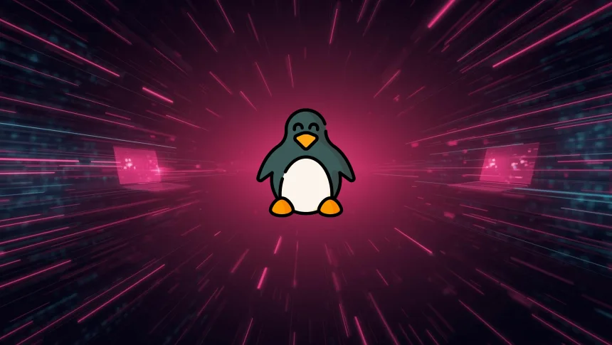 Arte abstrata de tecnologia com espaço central limpo e referências sutis a laptop e código, representando o Linux 6.19-rc4 e correções pós-feriados.