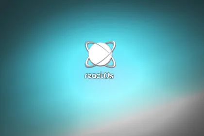 Papel de parede do ReactOS com fundo em degradê azul-turquesa e o logo do sistema centralizado.