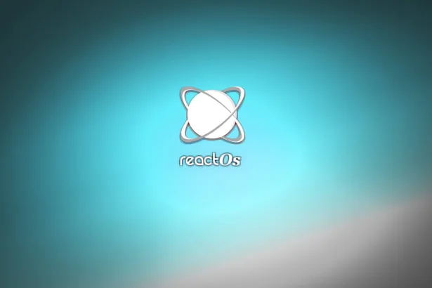 Papel de parede do ReactOS com fundo em degradê azul-turquesa e o logo do sistema centralizado.