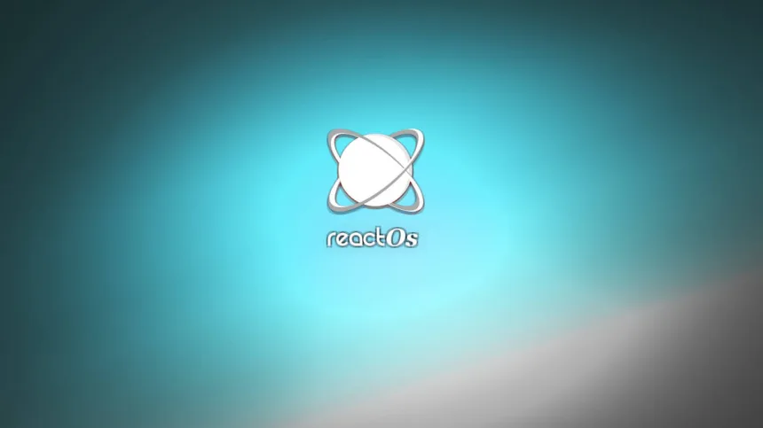 Papel de parede do ReactOS com fundo em degradê azul-turquesa e o logo do sistema centralizado.