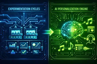 Representação Conceitual: Arquitetura de IA do Spotify separando sistemas de personalização e experimentação em IA