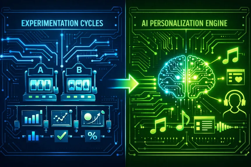 Representação Conceitual: Arquitetura de IA do Spotify separando sistemas de personalização e experimentação em IA