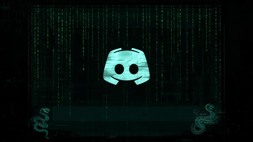 Ilustração com o logotipo do Discord “glitched” sobre fundo de código Python verde, representando o VVS Stealer.