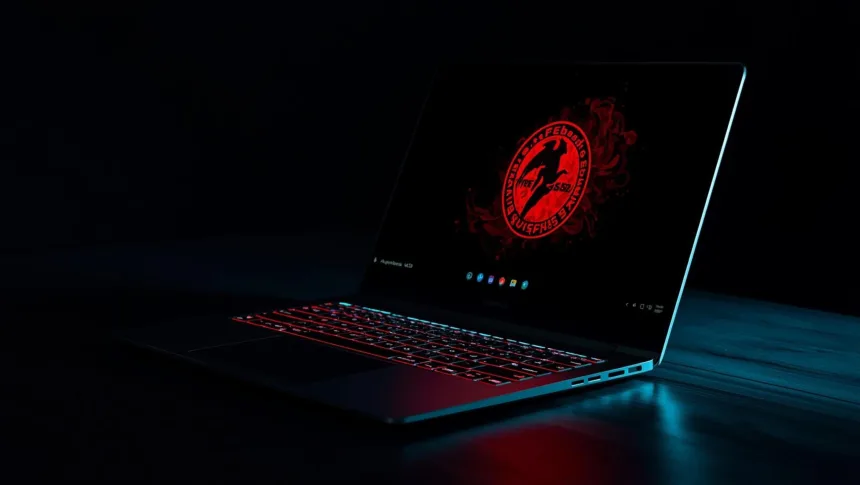 Notebook em mesa escura, com teclado iluminado em vermelho e o logotipo do FreeBSD na tela em modo escuro.