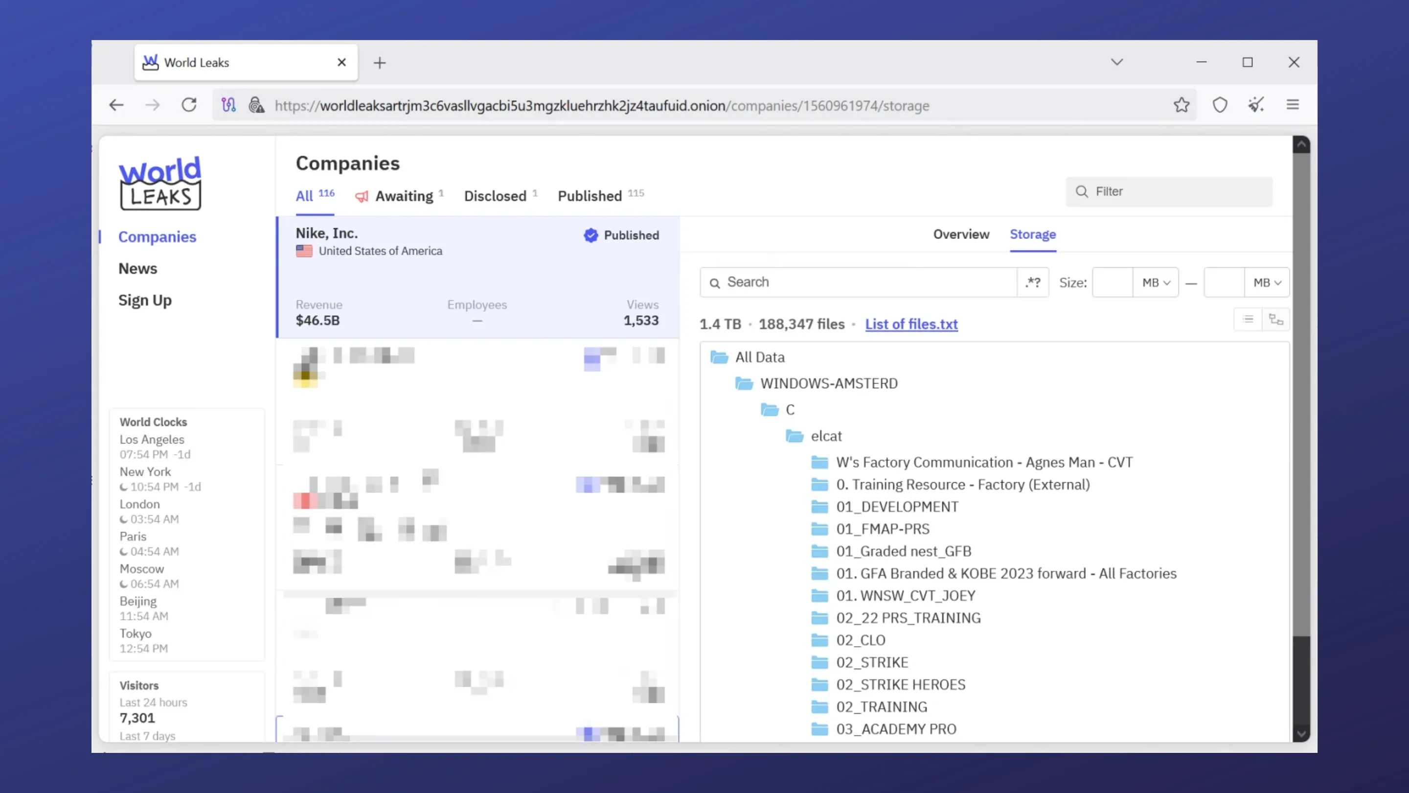 A publicação da Nike no site de vazamentos World Leaks