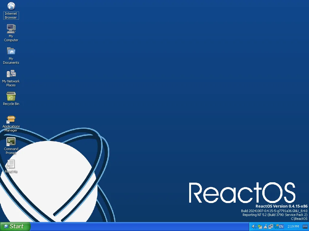 Área de trabalho do ReactOS 0.4.15 com interface clássica, ícones no canto esquerdo e barra “Start” na parte inferior.