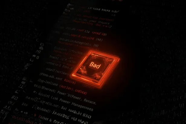 Chip brilhando em laranja com a palavra “Bad” sobre um fundo escuro de código no terminal, indicando alerta de economia de energia.