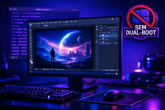 Monitor com o Photoshop CC rodando no Linux em visual neon roxo e azul, terminal ao fundo e selo “Sem dual-boot” com o logo do Windows riscado.