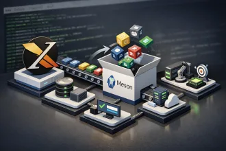 Ilustração do X.Org com bibliotecas migrando para Meson, representadas por ícones de build e um terminal Linux ao fundo.