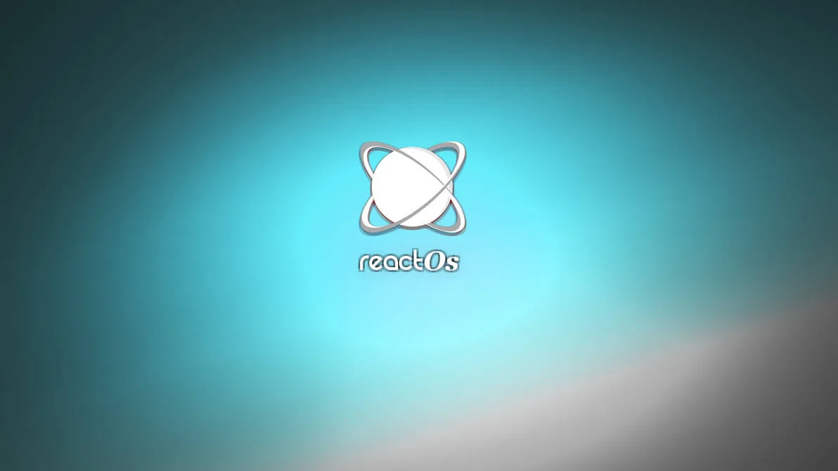 Papel de parede do ReactOS com fundo em degradê azul-turquesa e o logo do sistema centralizado.