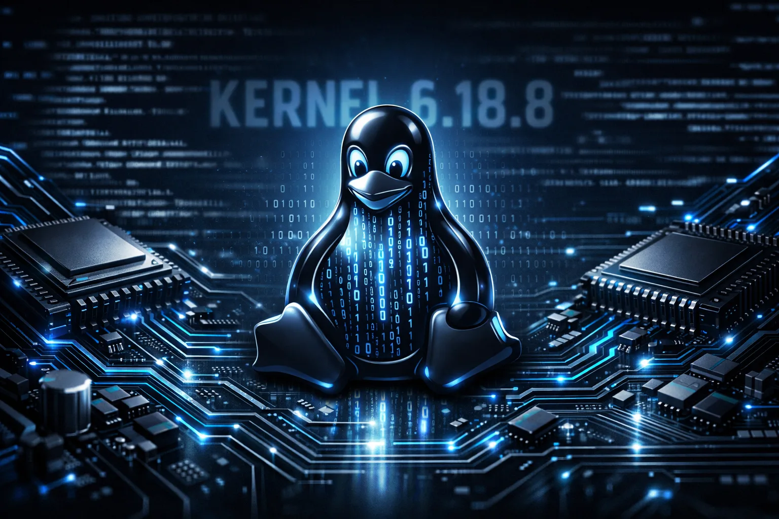 Banner técnico do Linux Kernel com Tux, circuitos eletrônicos e chips de CPU, destacando o Kernel 6.18.8.