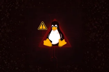 Tux (mascote do Linux) ao lado de um ícone de alerta, sobre um triângulo vermelho em fundo escuro com padrão tecnológico.
