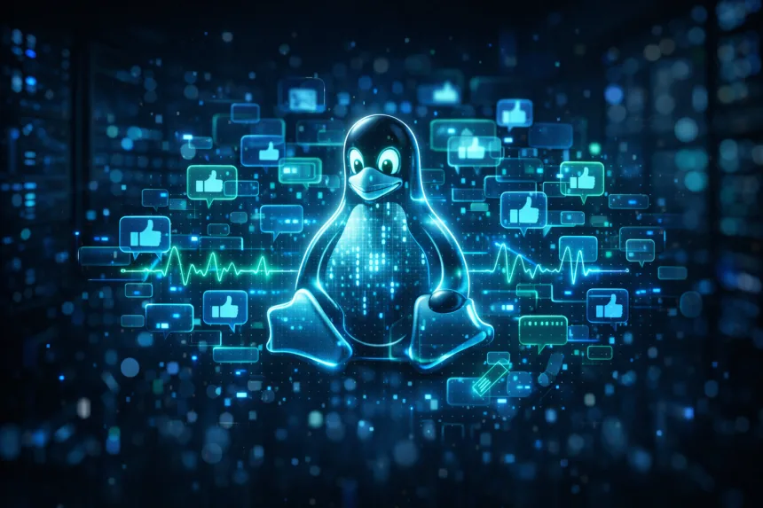 Ilustração em estilo de visualização de dados com o mascote Linux Tux em forma holográfica, cercado por ícones de aprovação e pulsos digitais que representam o consenso da comunidade open source.